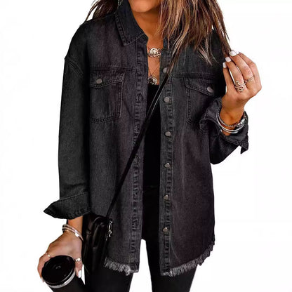Washed Denim Shirt Women's Personalized Street Style Frayed Hem Coat