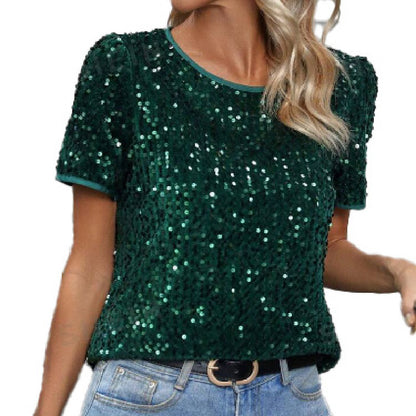 Women's Fashion Personalized Sequined Round Neck T-shirt