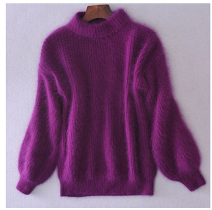 Faux Mink Half High Neck Loose Solid Color Sweater
