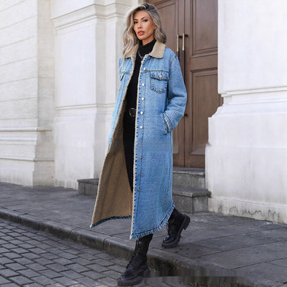 Womens Loose, Long, Fleece-lined Cotton Denim Jacket