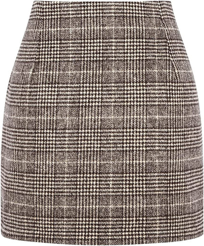 Women's High Waist Plaid Tight Pencil Wool Mini Skirt