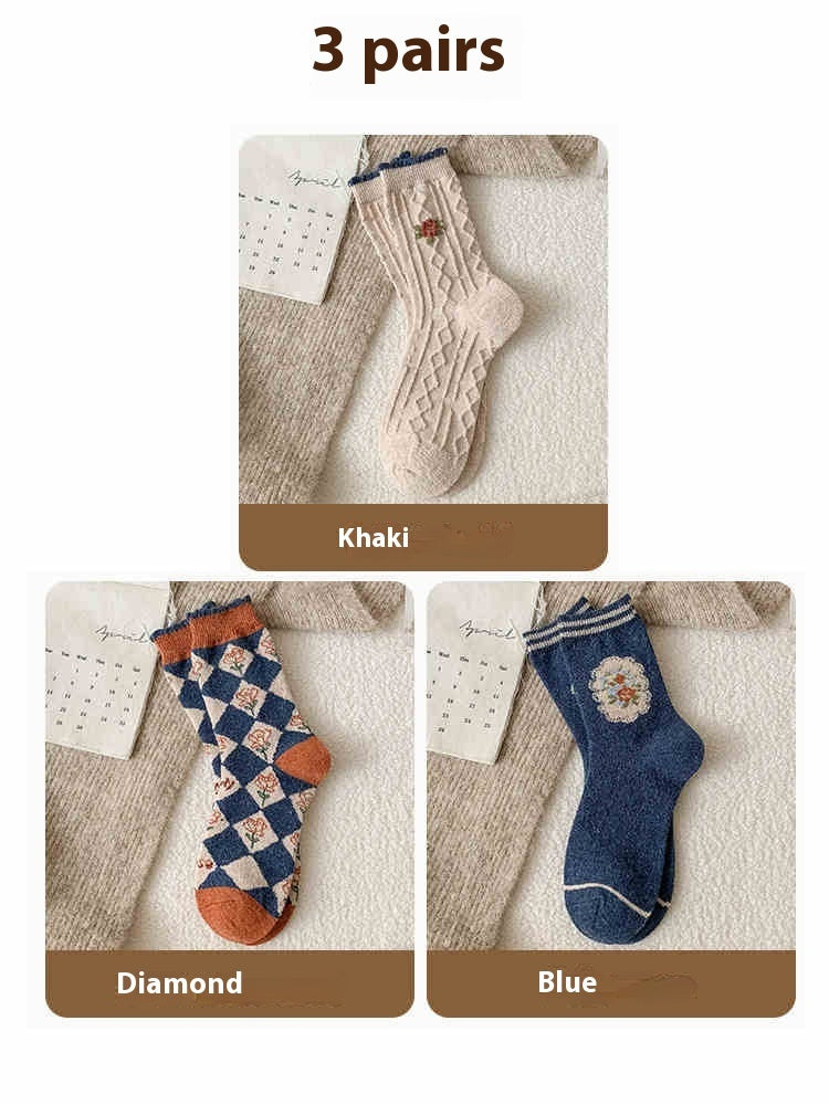 Vintage Small Flower Wool Socks Fleece Lined Padded Warm Keeping Tube Socks