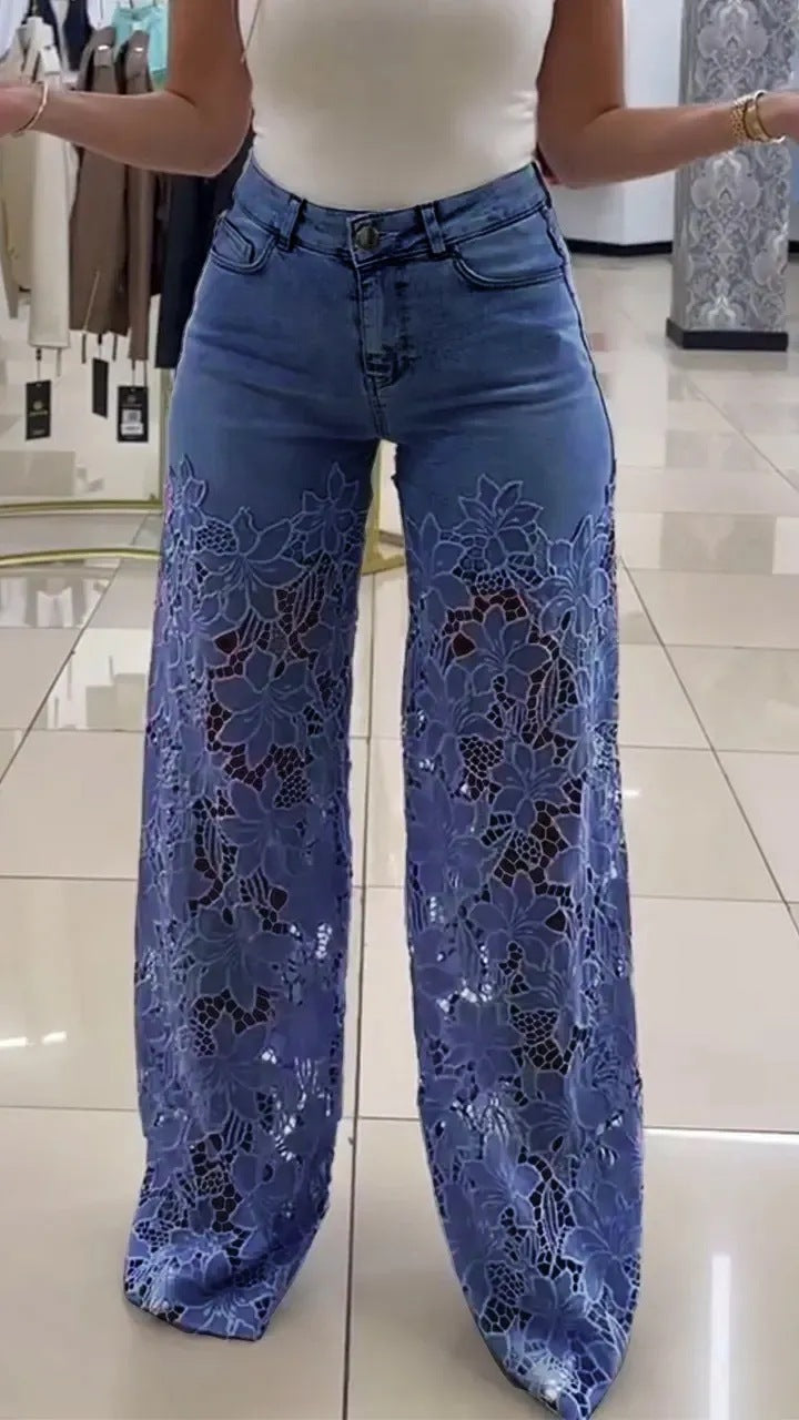 Fashionable Patchwork Denim Jeans For Women With Hollowed-Out Lace Details