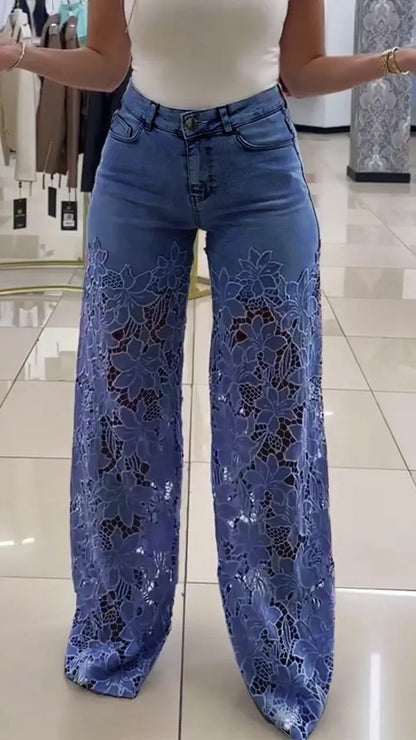 Fashionable Patchwork Denim Jeans For Women With Hollowed-Out Lace Details