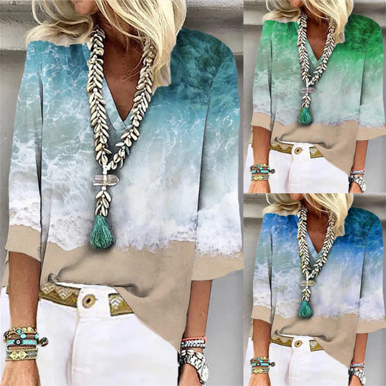 Women's Fashion Loose V-neck Print Loose Shirt