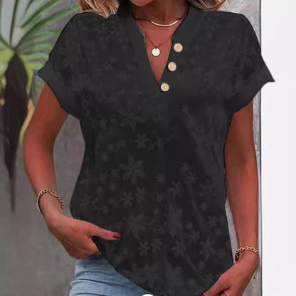 Women's Embroidered V-neck Short Sleeve Button Shirt