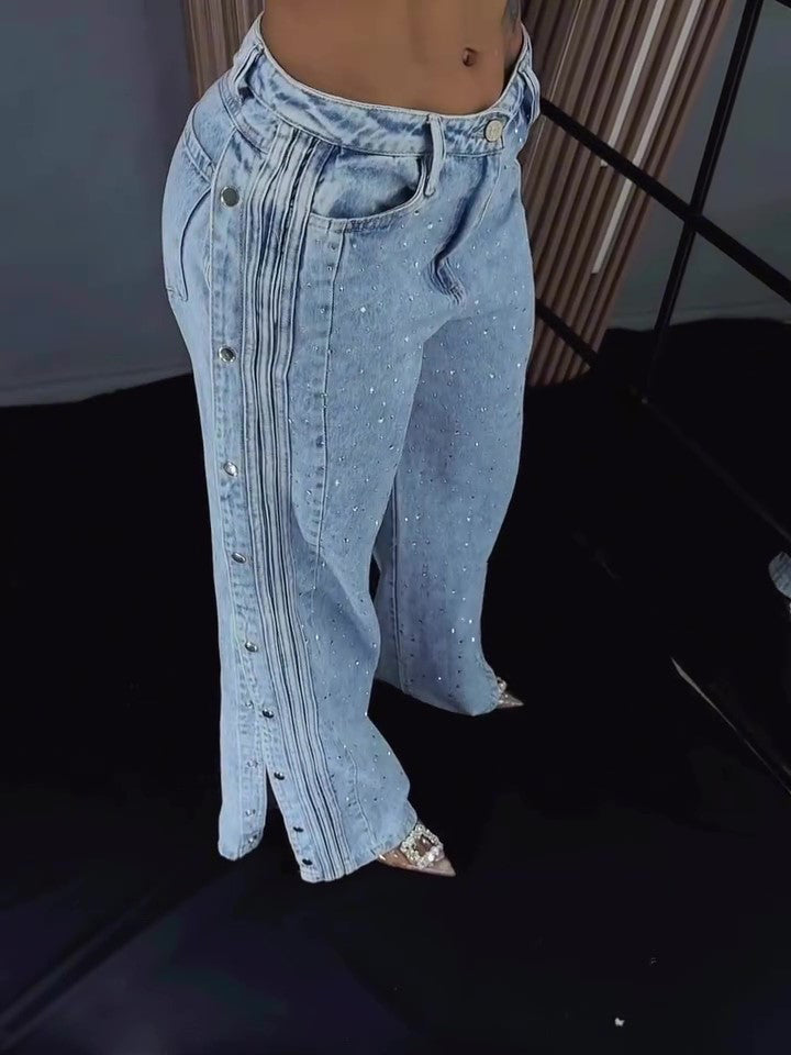 Button Polyester Rhinestone Fashion Jeans