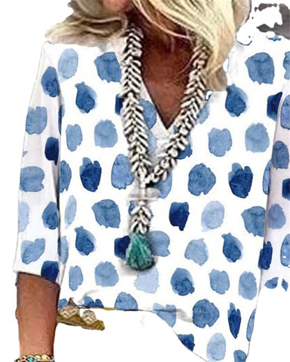 V-Neck Dot Print Loose Casual Shirt Top