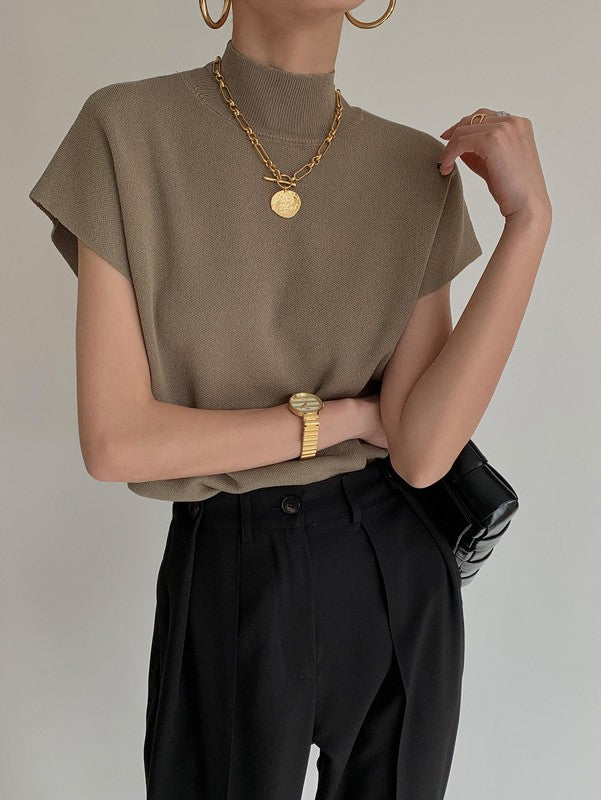 Women's High-neck Knitted Waistcoat T-shirt