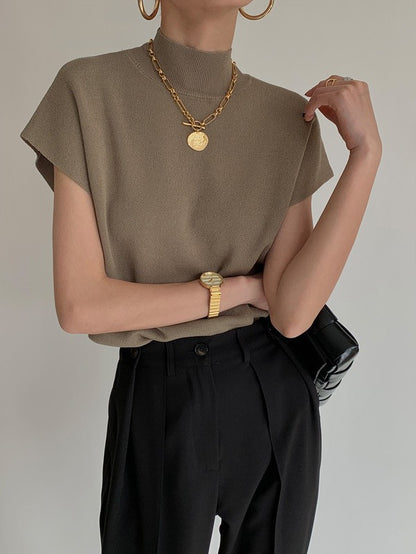 Women's High-neck Knitted Waistcoat T-shirt