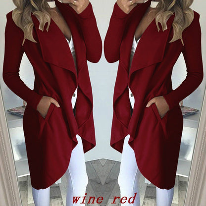 Women's Plus Size Solid Color Polo Collar Slim Fit Long Trench Coat