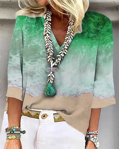 Women's Fashion Loose V-neck Print Loose Shirt