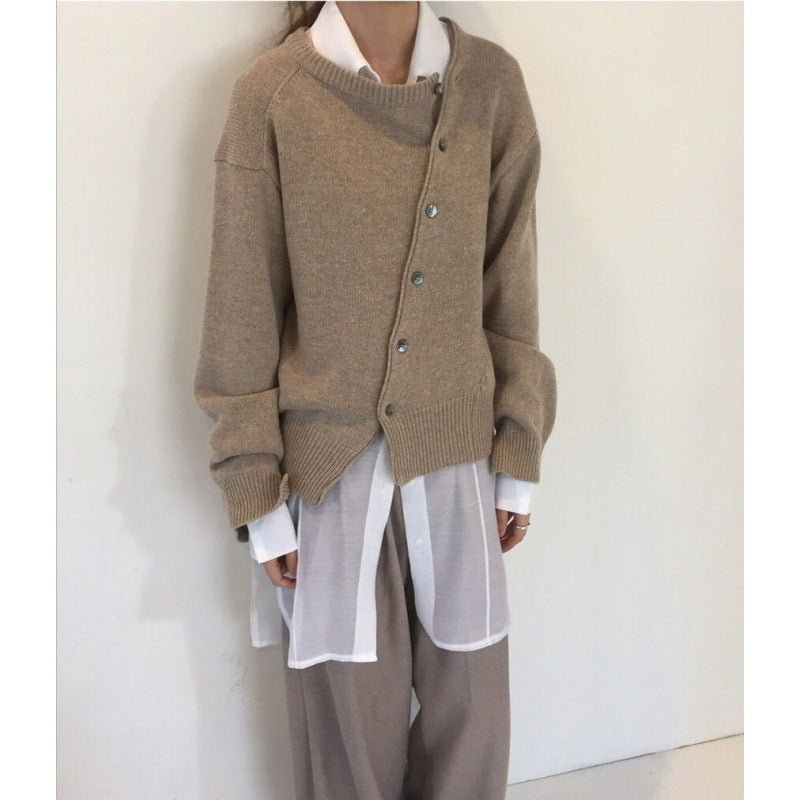Women's Oblique Button Irregular Round Neck Sweater