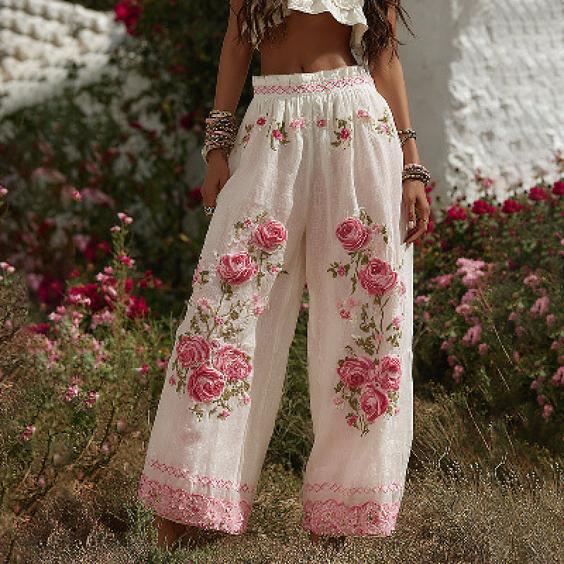 3D Floral Print Pattern Elegant Straight Women's Trousers