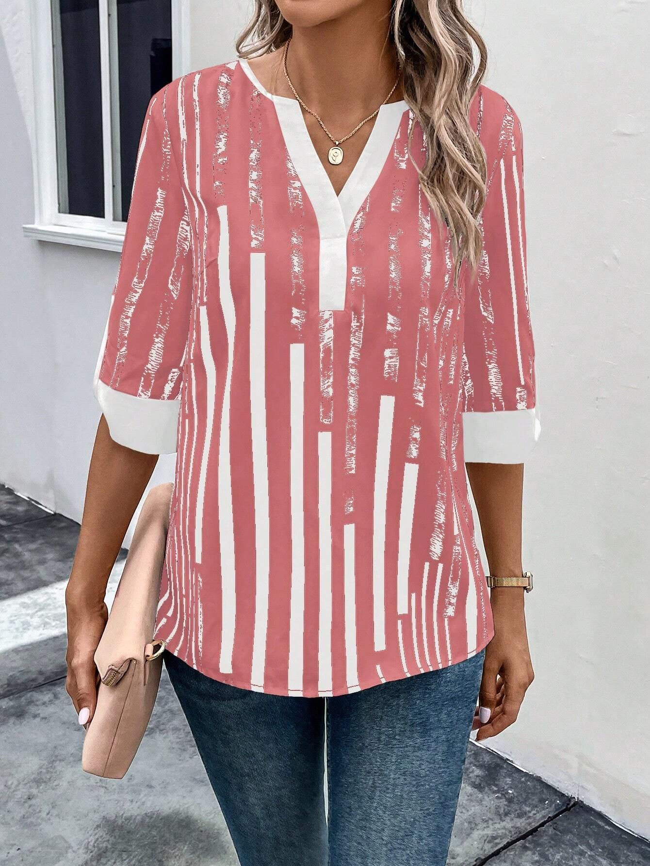 Double Matching Contrast Color Positioning Flower Half-sleeve Shirt Women's Top