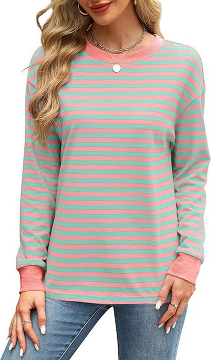 Fashion Color Contrast Loose Round Neck Striped Long Sleeve