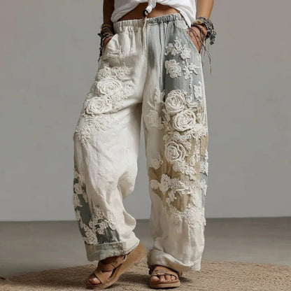 3D Floral Print Pattern Elegant Straight Women's Trousers