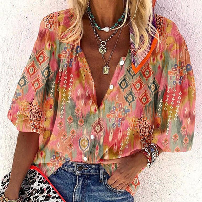 Fashion V-neck 3d Floral Printed Long-sleeved Top