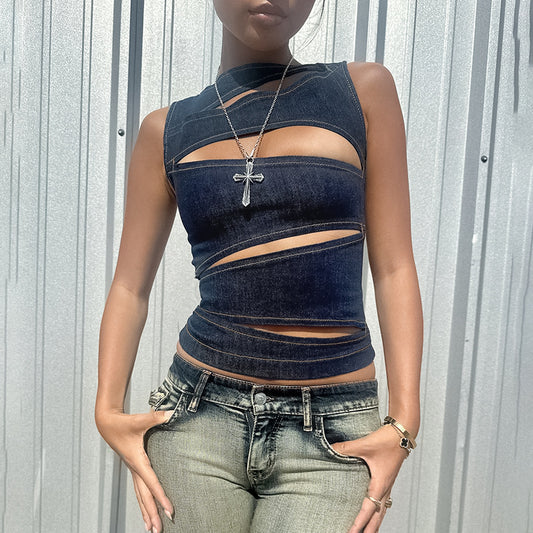 New Sexy Hollow-out Faux Denim Vest Top For Women