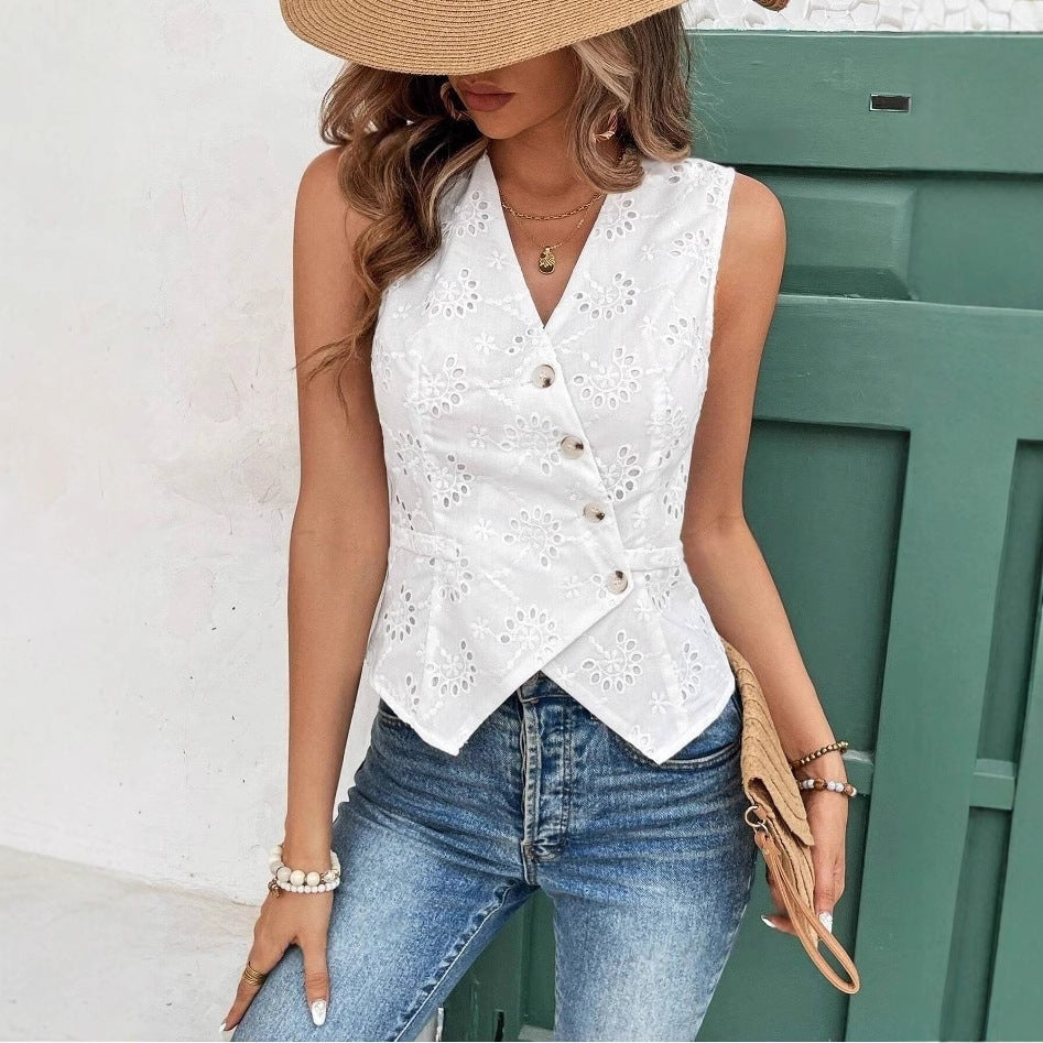Solid Color And V-neck Button Cardigan Vest Temperament Crochet
