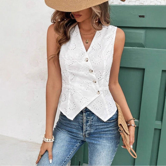Solid Color And V-neck Button Cardigan Vest Temperament Crochet
