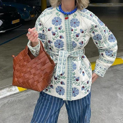 Elegant Blue Printed Lace-up Waist-tight Cotton-padded Jacket