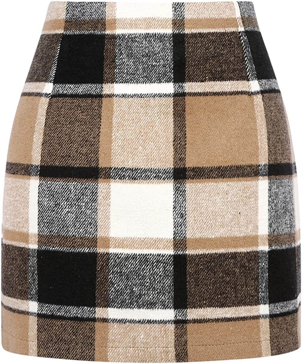 Women's High Waist Plaid Tight Pencil Wool Mini Skirt