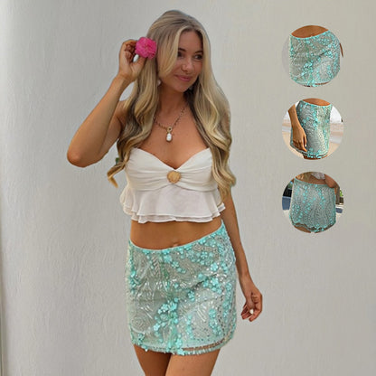 Women's Embroidered Mesh Sequins Flower Skirt