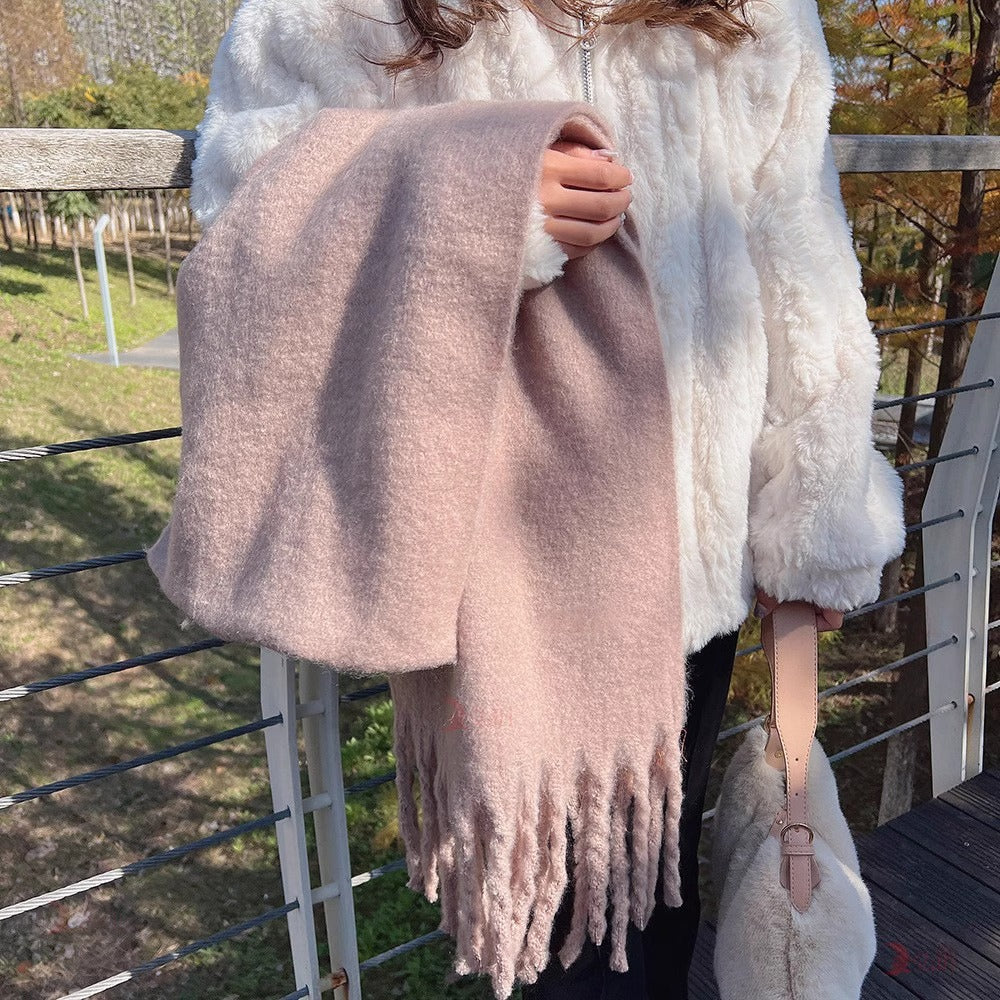 Macaron Solid Color Thick Braid Tassel Shawl