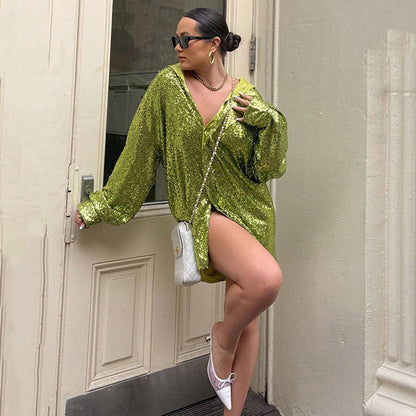 Women's Fashion Temperament Sequin Lapel Long Sleeves