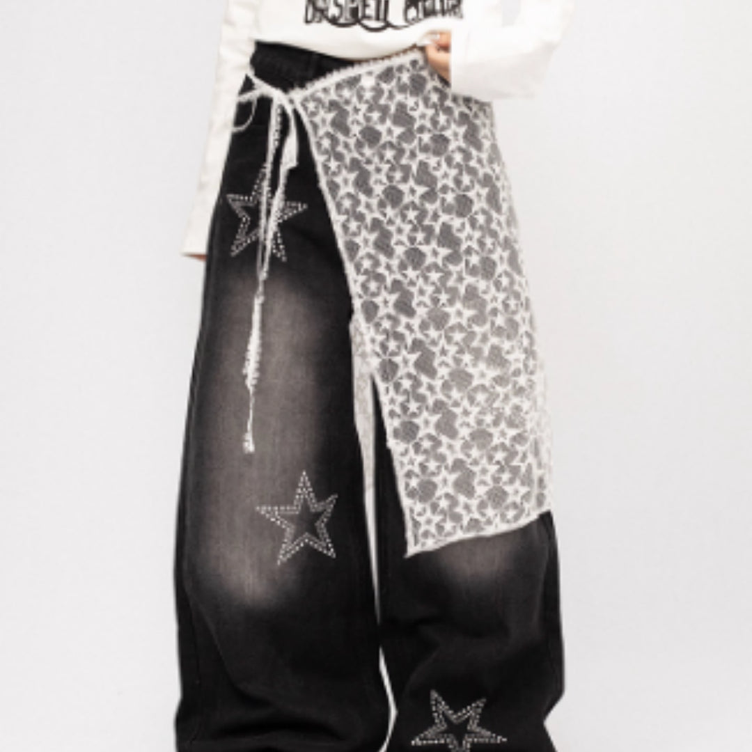 American Retro Hot Girl Lace Patchwork Jeans For Women