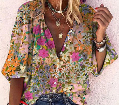 Fashion V-neck 3d Floral Printed Long-sleeved Top
