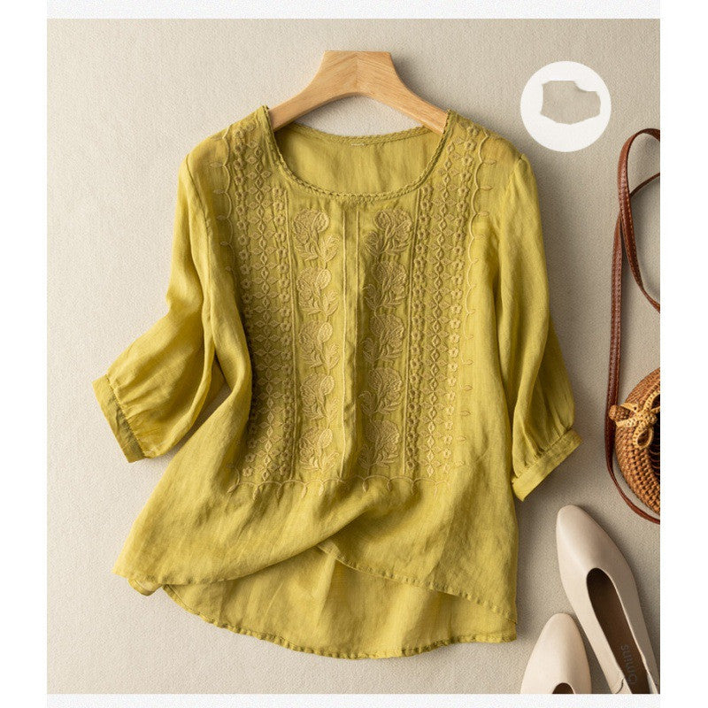 Women's Loose Embroidery Mid Sleeve Ramie Top