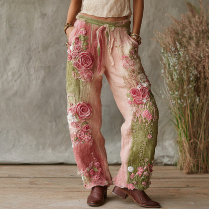 3D Floral Print Pattern Elegant Straight Women's Trousers