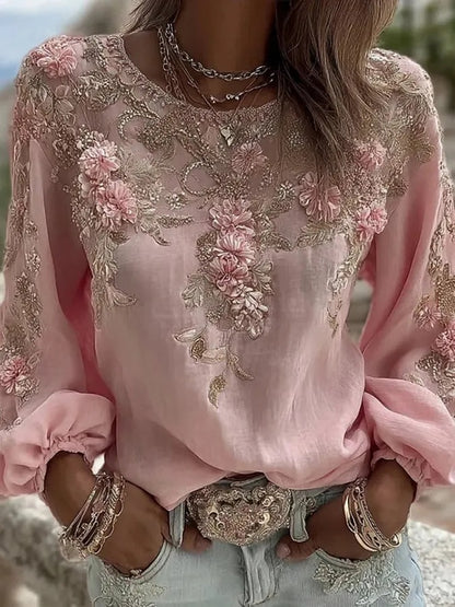 Printed Women's Round Neck Long Sleeve Vintage Bohemian Top