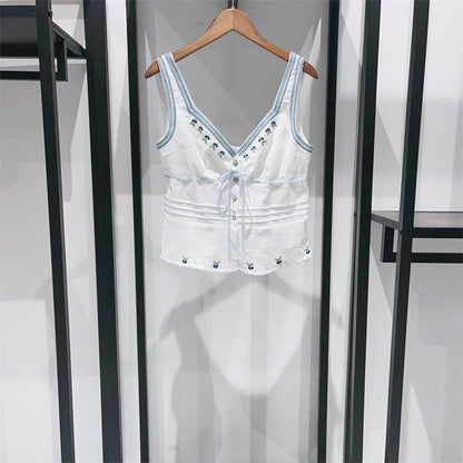 V-neck Short-sleeved Lace-up Mori Blouse