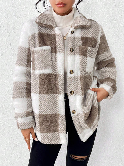 Plush Plaid Women's Autumn And Winter Open Button Lapel Thermal Plaid Pattern Jacket