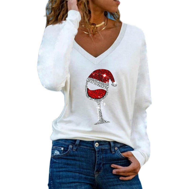 Women's Fashion Casual Christmas Wine Glass Printed Long Sleeve Loose Versatile T-Shirt