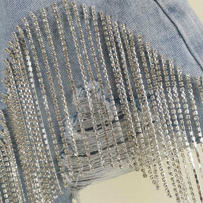 Fringed Chain Jeans Women's High Waist Slim Se Xy Shorts European And American Style Heavy Industry Beading Tide