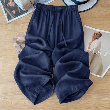 High Waist Drape Linen Cropped Straight Pants