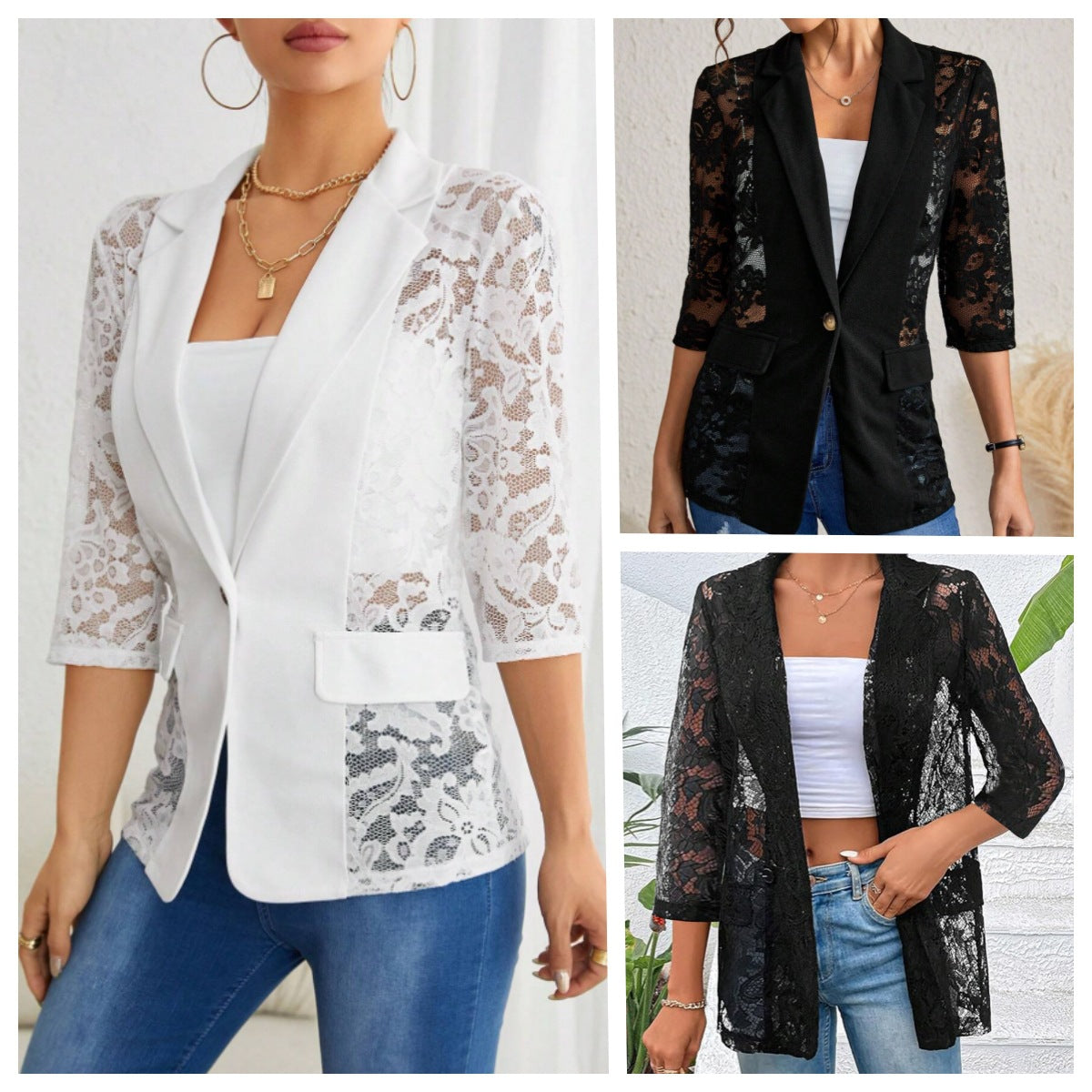 Women's Lace Stitching 34 Sleeve Suit Coat