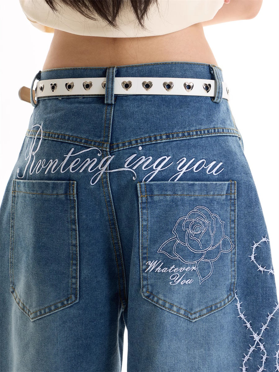 American Retro Hot Girl Embroidered Machete Jeans