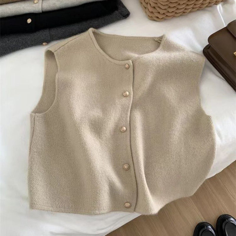 Women's Round Neck Knitted Vest Cardigan