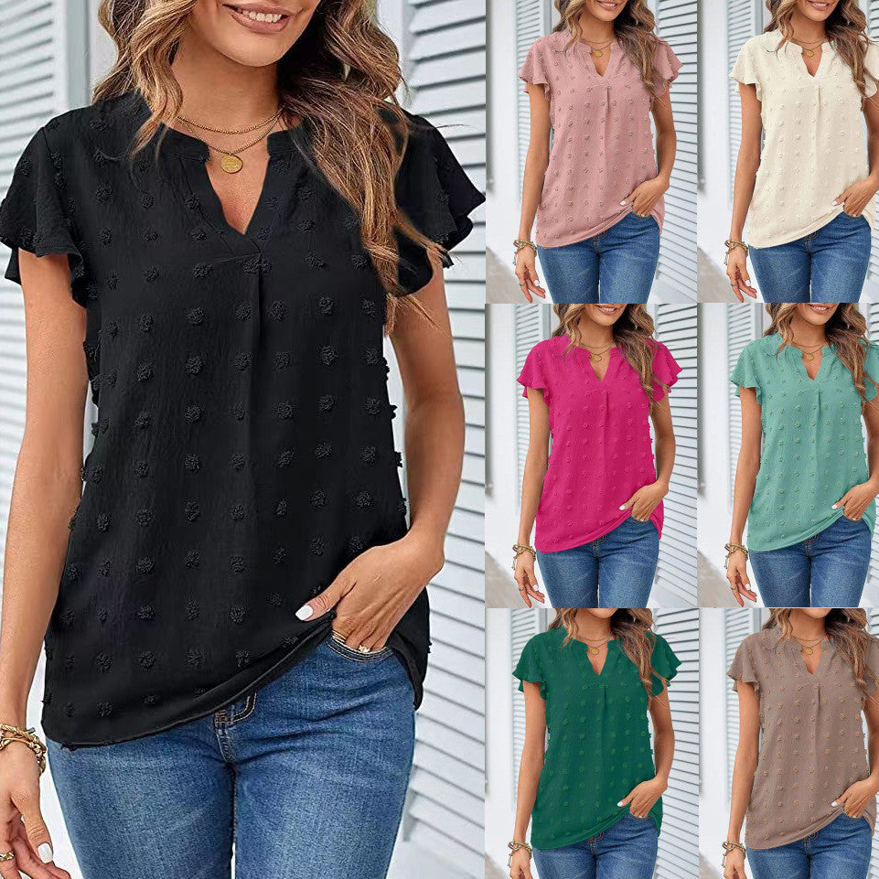 Women's Fashion V-neck Ruffle Sleeve Chiffon Shirt Short Sleeve