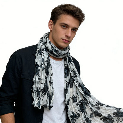 Black & White Printed Crinkle Scarf - Graphic Textured Scarf 63inchx23inch