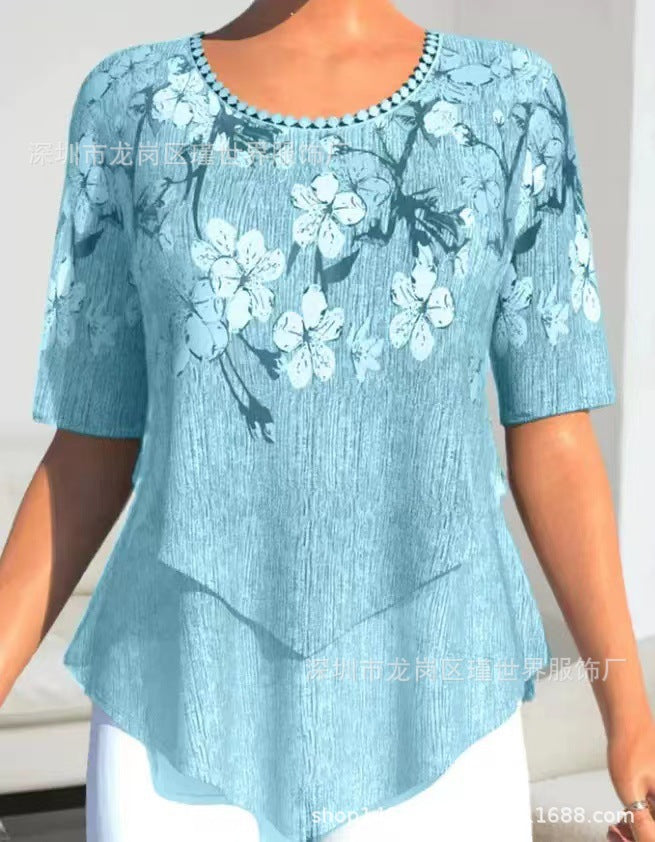 Positioning Printed Round Neck Irregular Short Sleeve