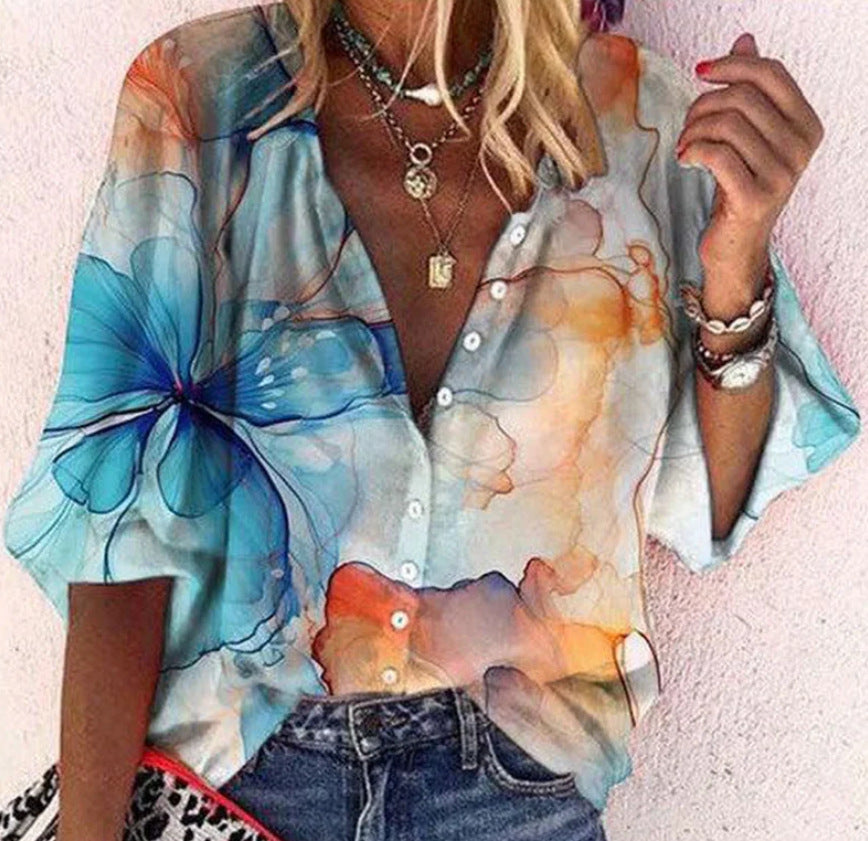 Fashion V-neck 3d Floral Printed Long-sleeved Top