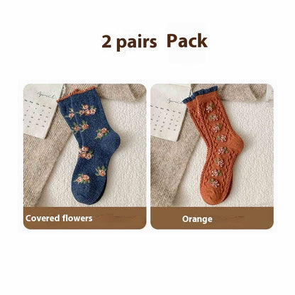 Vintage Small Flower Wool Socks Fleece Lined Padded Warm Keeping Tube Socks