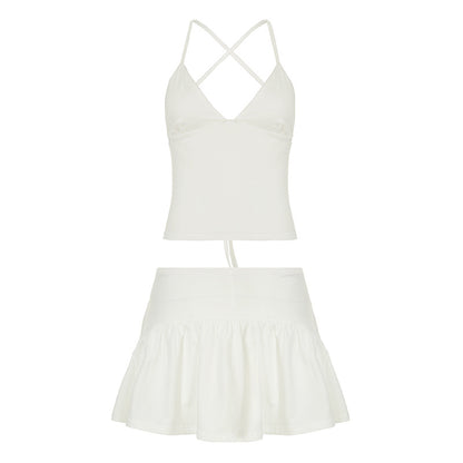 Solid Color And V-neck Hollow Out Strap Short Exercise Skirt Suit