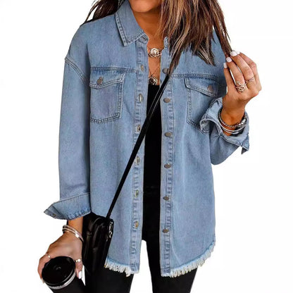 Washed Denim Shirt Women's Personalized Street Style Frayed Hem Coat